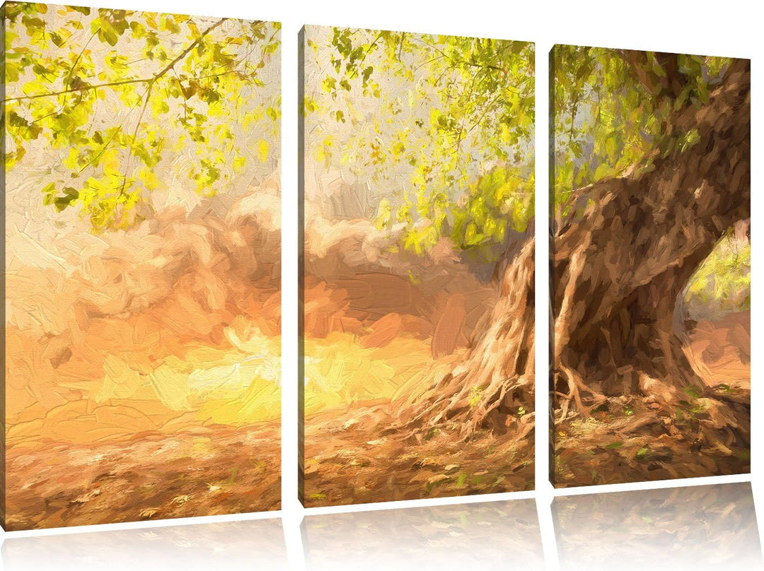 Pixxprint Verwurzelter starker Baum im Sonnenuntergang Kunst Pinsel Effekt 3-Teiler Leinwandbild 120
