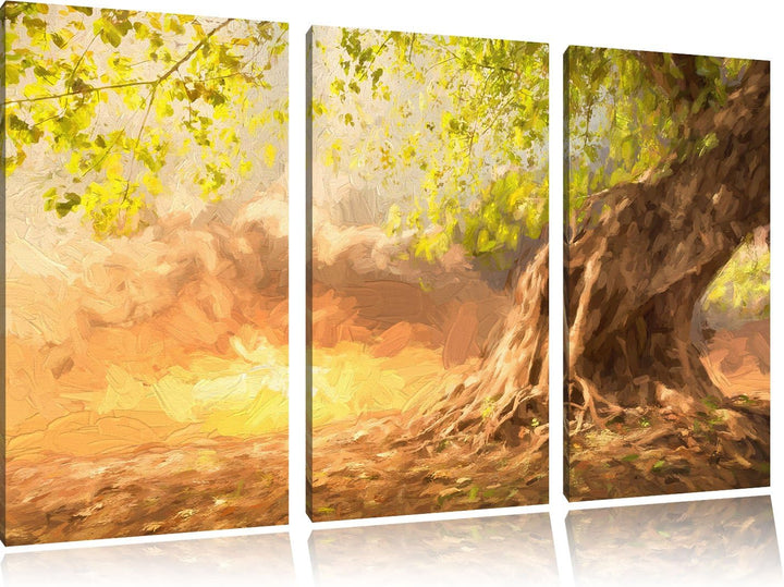 Pixxprint Verwurzelter starker Baum im Sonnenuntergang Kunst Pinsel Effekt 3-Teiler Leinwandbild 120