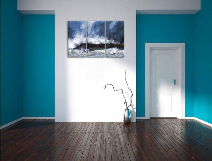Pixxprint Tobendes Meer mit Leuchtturm als Leinwandbild | Grösse: 3 Teilig (120x80) | Wandbild| Kuns
