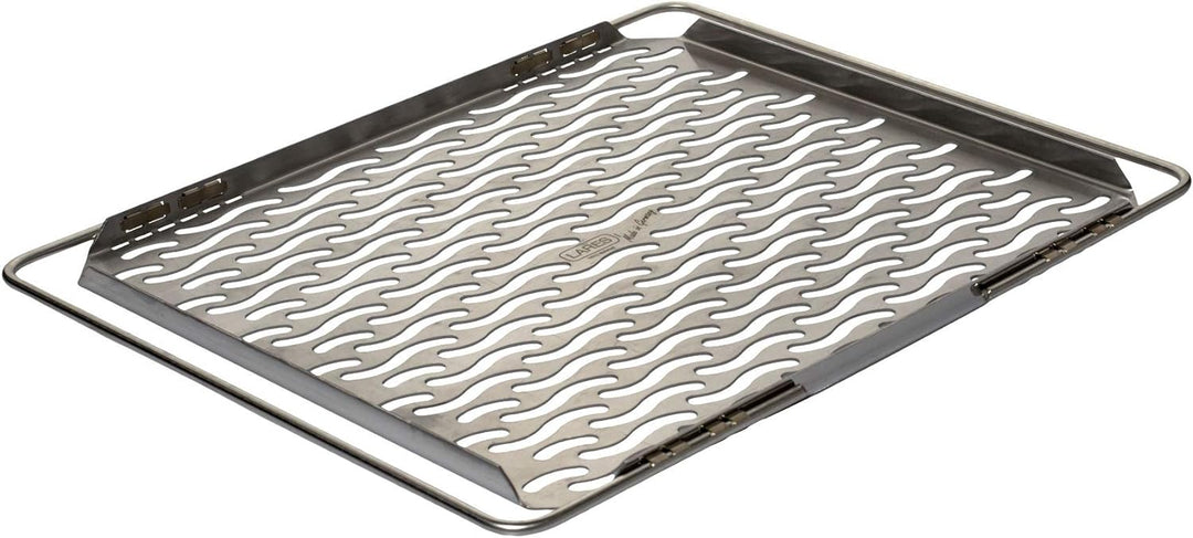 LARES Edelstahl-Backblech mit ausziehbaren Bügeln - mit Lochung in Wellenform - Masse der Backfläche