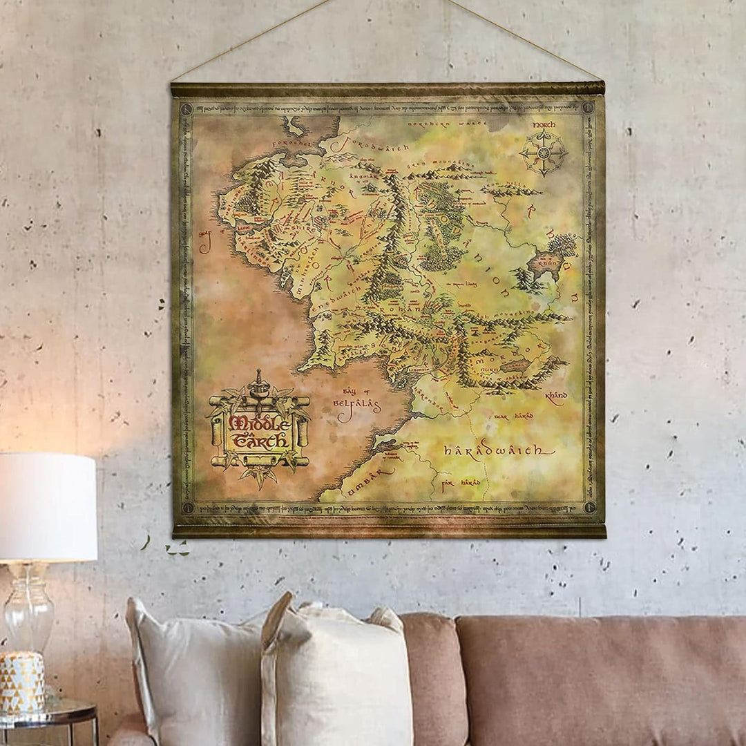 Elbenwald Herr der Ringe Wall Scroll Wandbehang mit Mittelerde Karte 70 x 86 cm Stoff beige