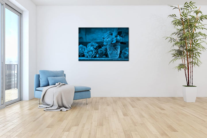 deyoli Glas voller Rosen Format 80x60 Effekt: Monocrome Blau als Leinwandbild, Motiv fertig gerahmt
