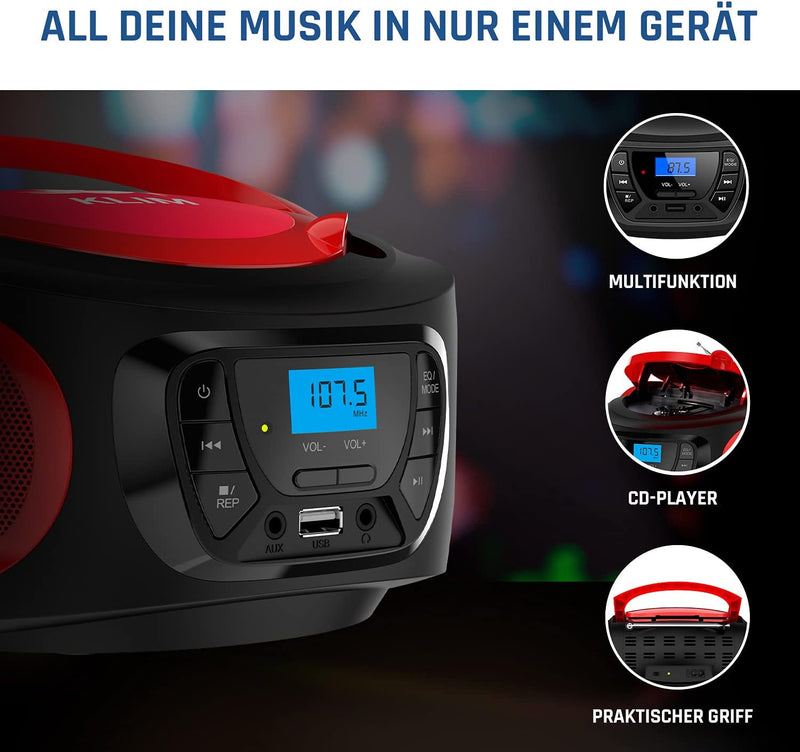KLIM Boombox Radio mit CD Player - NEU 2023 - FM-Radio, CD Player, Bluetooth, MP3, USB, AUX - Inklus