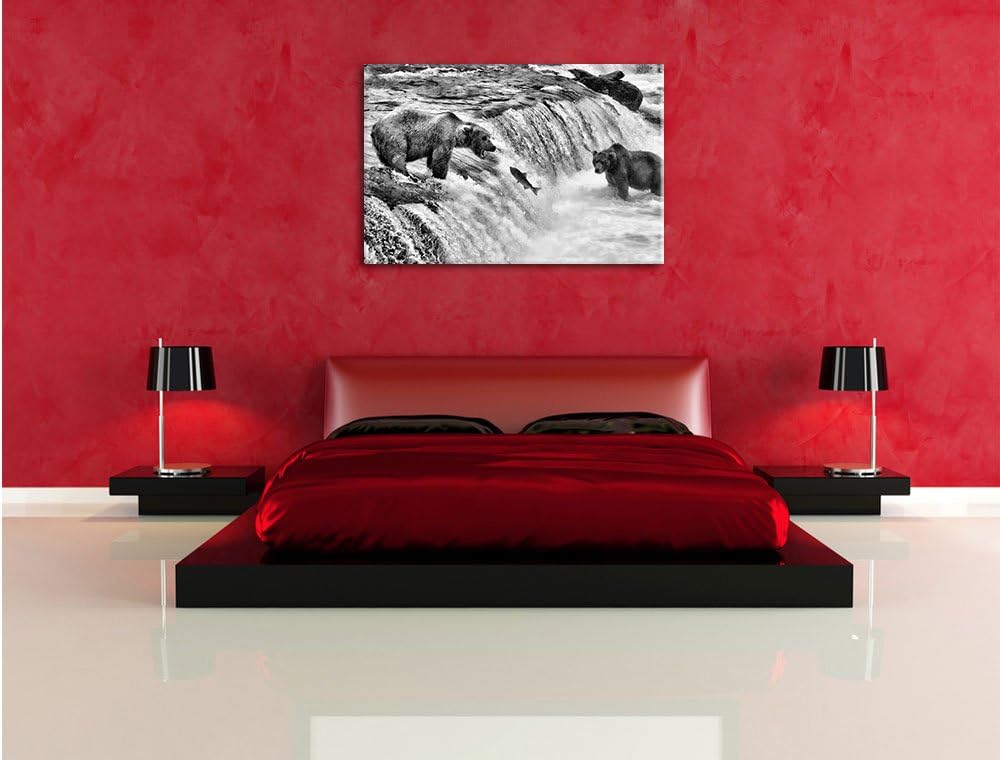 Pixxprint Bären fangen Lachs als Leinwandbild | Grösse: 100x70 | Wandbild| Kunstdruck | fertig bespa