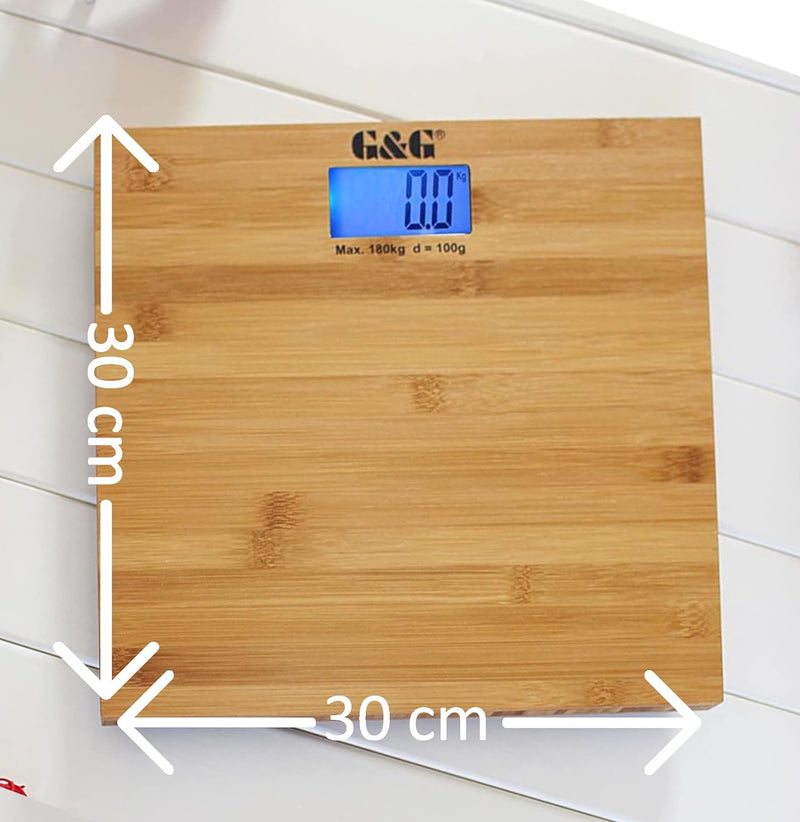 G&G A8/180KG Bambusholz Personenwaage 30X30cm Digitalwaage AAA Batteriebetrieb