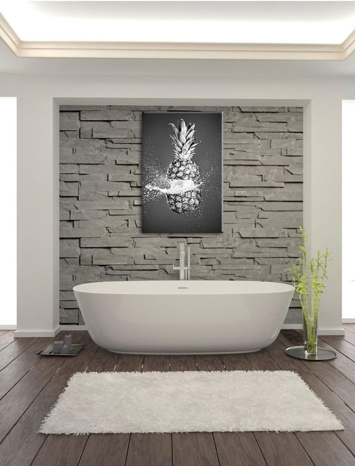 Pixxprint Ananas mit Wasser bespritzt Kunst B&W, Format: 100x70 auf Leinwand, 100x70