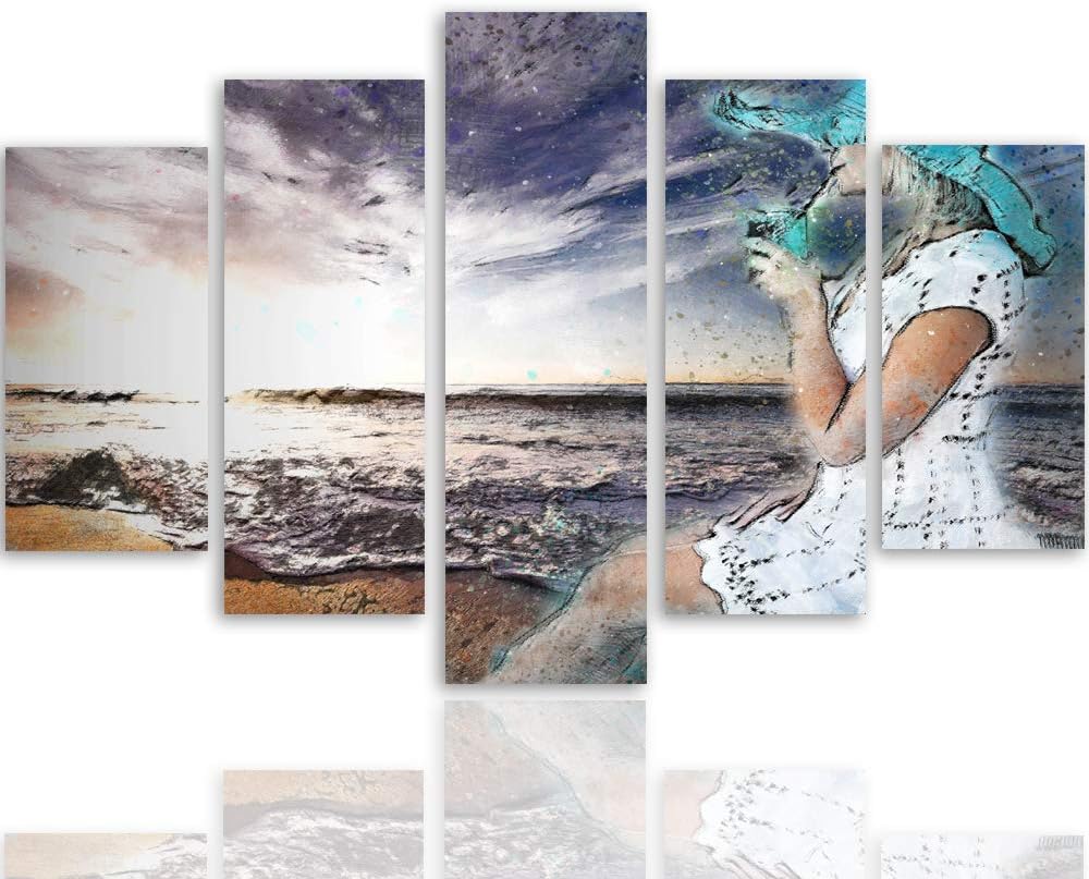 Wanddeko XXL Abstraktion Leinwandbild 5 Teilig Frau Strand See blau 100x70 cm Leinwandbild 100x70 cm