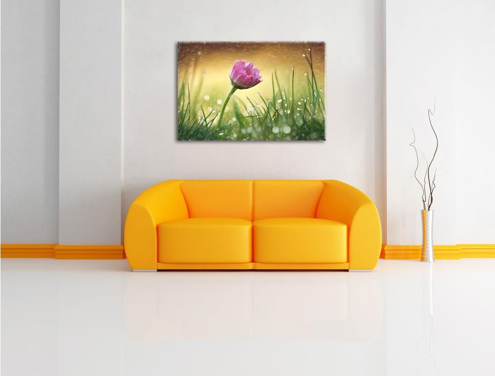 Pixxprint rosa Gänseblümchen im Gras Kunst Buntstift Effekt, Format: 100x70 auf Leinwand, 100x70