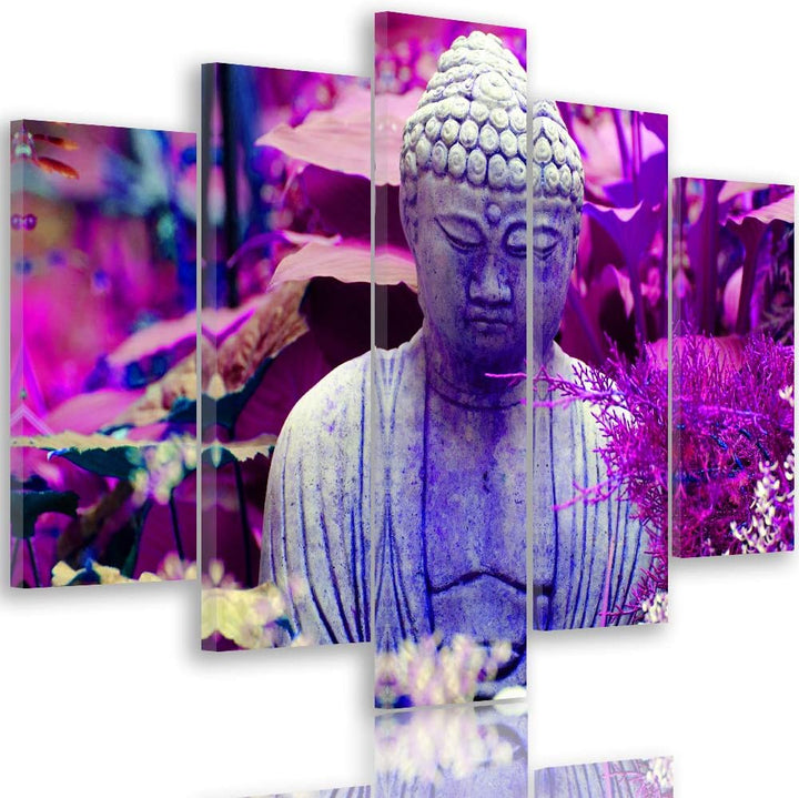 Feeby Wanddeko XXL Buddha Leinwandbild 5 Teilig Abstrakt Blätter Natur violett 100x70 cm Leinwandbil