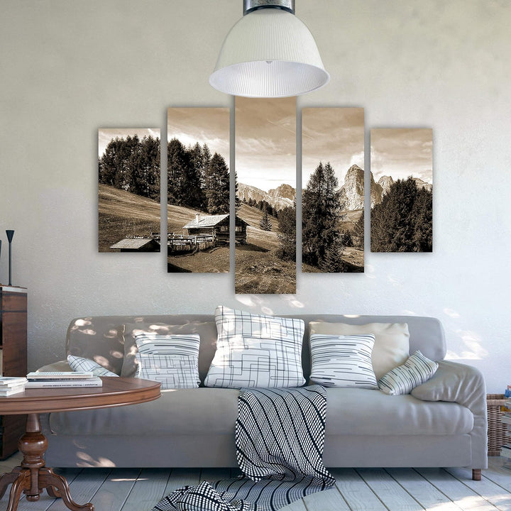 Feeby Bilder Berge 250x120 cm - Leinwandbild 5 Teilig XXL Kunstdruck Hütte Bäume Sepia Leinwandbild
