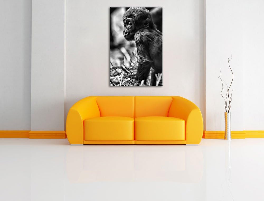 Pixxprint kleines Gorillajunges / 100x70cm Leinwandbild bespannt auf Holzrahmen/Wandbild Kunstdruck