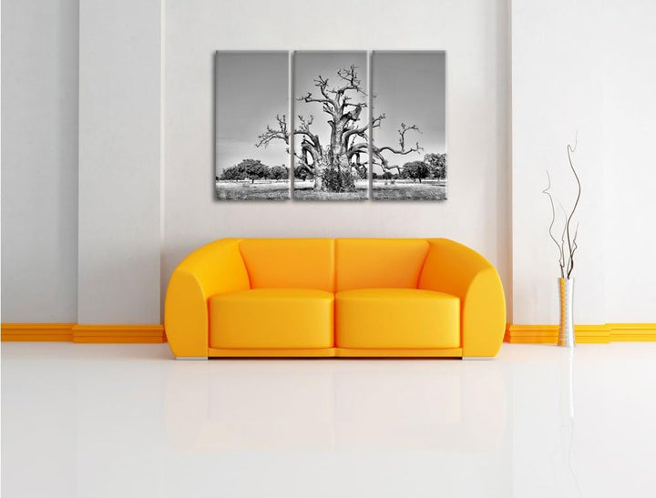 Pixxprint Monocrome, vertrockneter Baum in der Savanne 3-Teiler Leinwandbild 120x80 Bild auf Leinwan