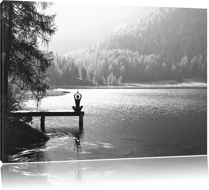 Yoga am See Kunst B&W, Format: 100x70 auf Leinwand, XXL riesige Bilder fertig gerahmt mit Keilrahmen