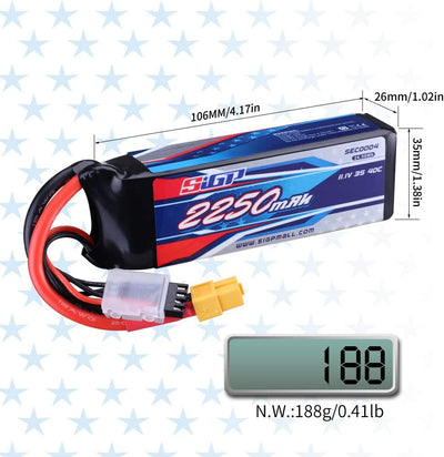 SIGP 2 Stück 11,1V 3S Lipo Akku 2250mAh 40C Soft Pack mit XT60 Stecker für RC Flugzeug Quadcopter He