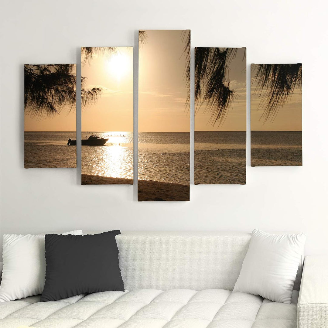 Feeby Wandbild Strand 200x100 cm Deco Panel 5 Teilig XXL Kunstdruck Meer Boot braun Deco Panel XXL 2