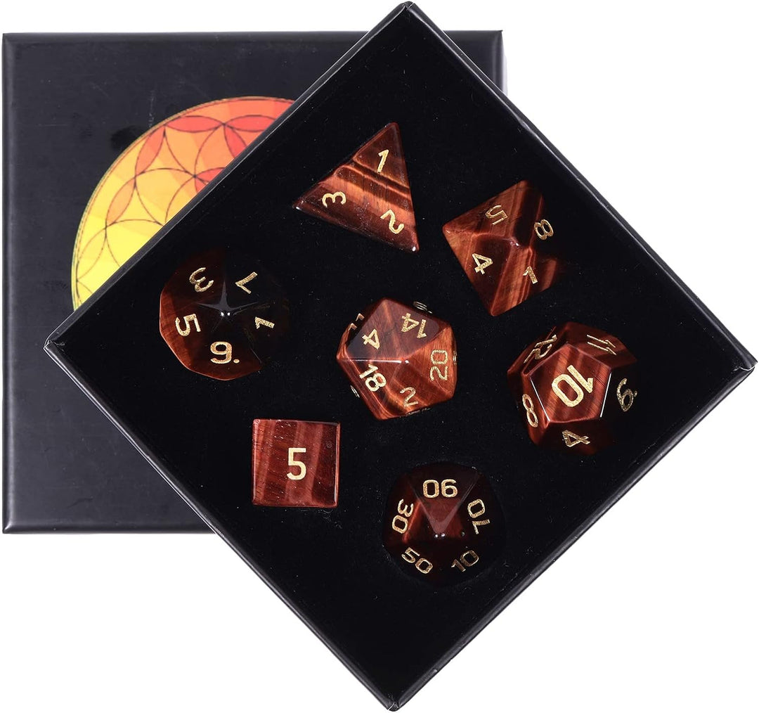KYEYGWO Rotes Tigerauge Kristall Polyedrische Würfel Set, 7pcs Reiki Heilung Stein Polyedrischer Spi