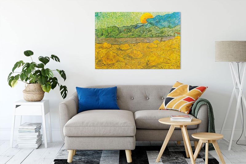 Vincent Van Gogh - Landschaft mit Weizenhaufen als Leinwandbild / Grösse: 120x80 cm / Wandbild / Kun