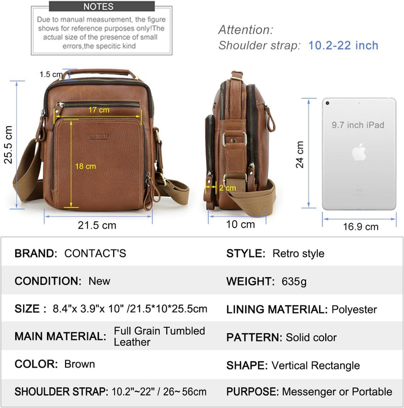 Contacts Echtes Leder Herren Laptop Mini Tab Messenger Crossbody Bag Tasche Handtasche Braun Caffee,