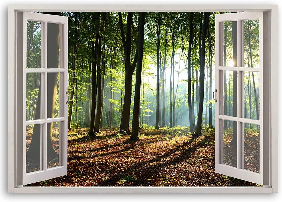 Feeby Vlies Leinwandbild Wald Natur Sonne Bäume 90x60 cm Druckbild Wandbild Wanddekoration Deko Wand