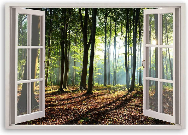 Feeby Vlies Leinwandbild Wald Natur Sonne Bäume 90x60 cm Druckbild Wandbild Wanddekoration Deko Wand
