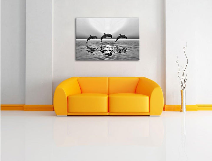 Pixxprint Delfine im Sonnenuntergang als Leinwandbild/Grösse: 100x70 cm/Wandbild/Kunstdruck/fertig b