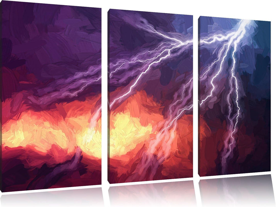 Pixxprint Blitze am Himmel Pinsel Effekt 3-Teiler Leinwandbild 120x80 Bild auf Leinwand