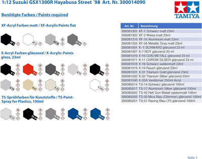 Tamiya 300014090 Suzuki Fahrzeug 300014090-1:12 GSX1300R Hayabusa Street ´98,originalgetreue Nachbil