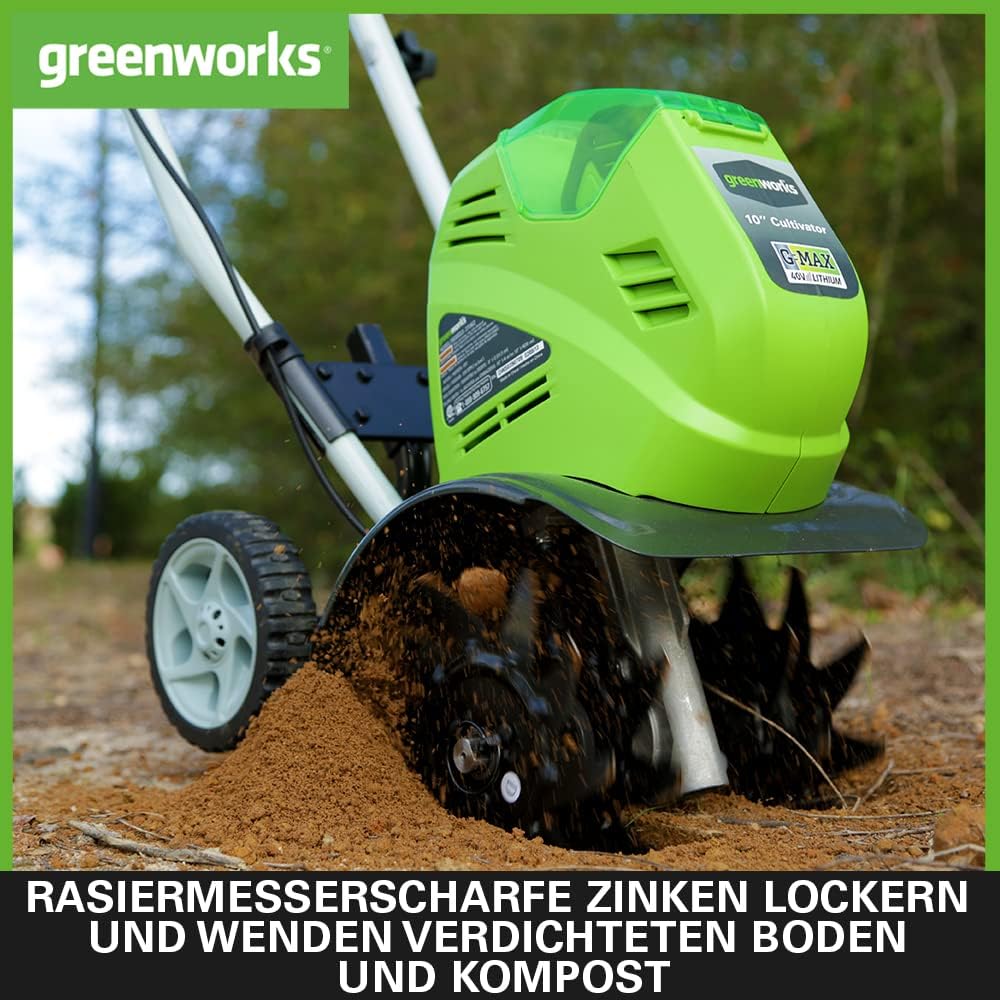 Greenworks G40TL Akku Gartenfräse, Rasenfräse mit Frontzinken, 25 cm Arbeitsbreite, 13 cm Frästiefe