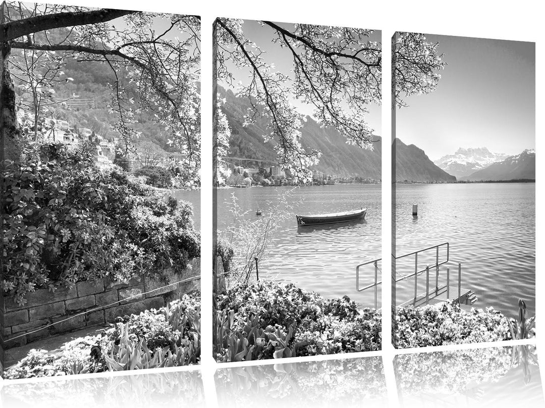 Pixxprint Genfer See im Sonnenschein / 3-Teilig/Gesamtmass 120cm Leinwandbild bespannt auf Holzrahme