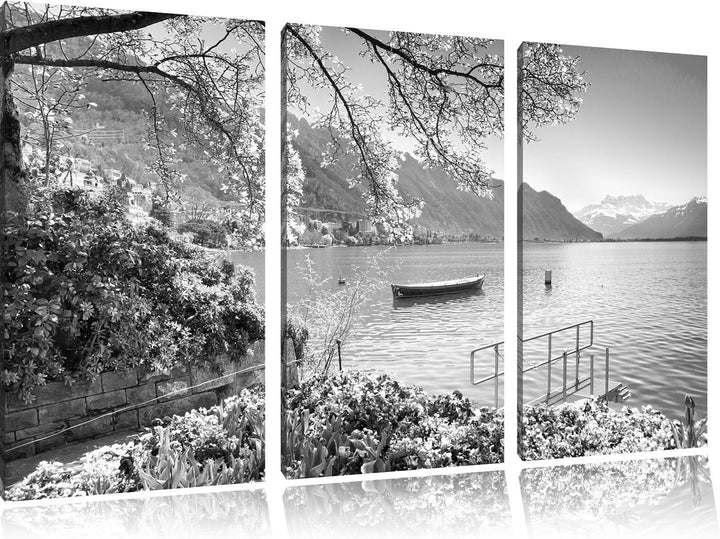 Pixxprint Genfer See im Sonnenschein / 3-Teilig/Gesamtmass 120cm Leinwandbild bespannt auf Holzrahme