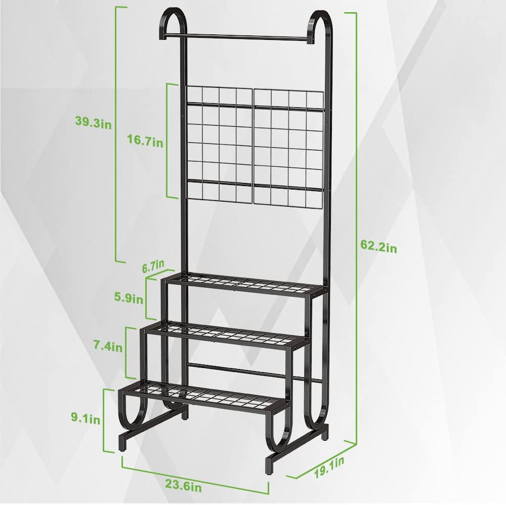 Bomclap Pflanzenregal mit Rankgitter, 3 Ebenen Blumenregal Pflanzenständer aus Metall, Heavy duty Bl