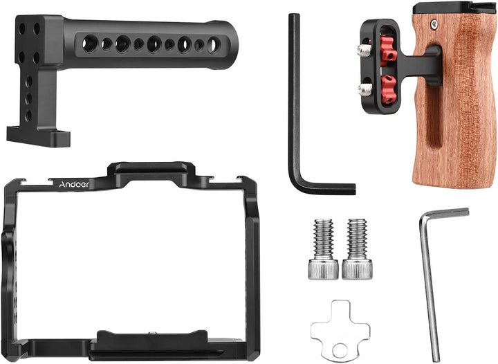 Andoer Andoer Camera Video Cage + Handle + Side Wooden Grip Kit Aluminiumlegierung mit Dual Cold Sho