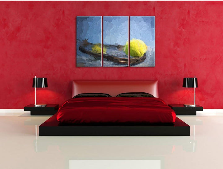 Pixxprint Tennischläger mit Bällen als Leinwandbild/Grösse: 3 Teilig (120x80) cm/Wandbild/Kunstdruck