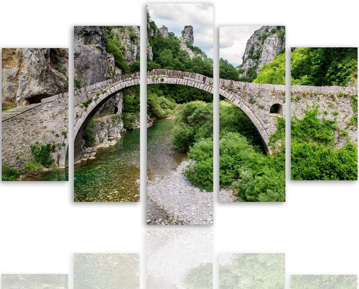 Wanddeko XXL Landschaft Leinwandbild 5 Teilig Brücke Fluss Berge grün 100x70 cm Leinwandbild 100x70