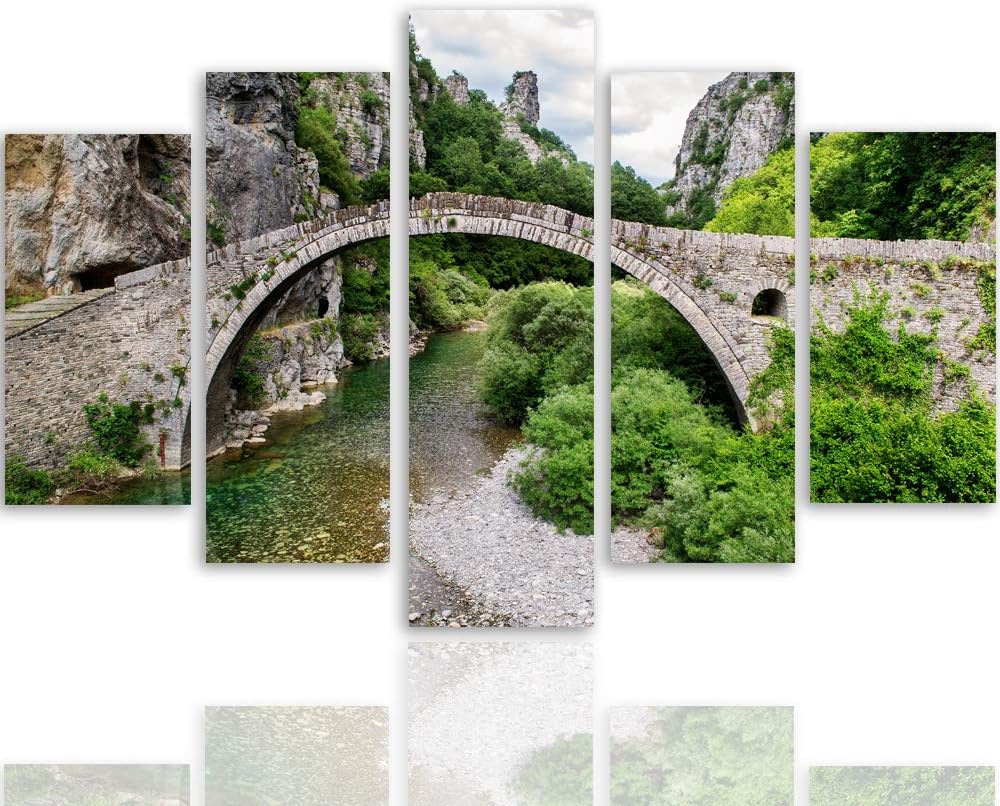 Leinwandbild 5 Teilig Landschaft Bild Wanddeko Brücke Fluss Berge grün 150x100 cm Leinwandbild 150x1