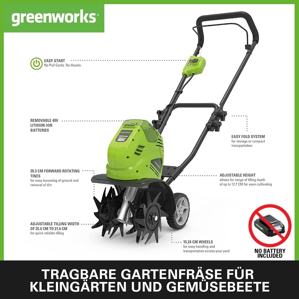 Greenworks G40TL Akku Gartenfräse, Rasenfräse mit Frontzinken, 25 cm Arbeitsbreite, 13 cm Frästiefe