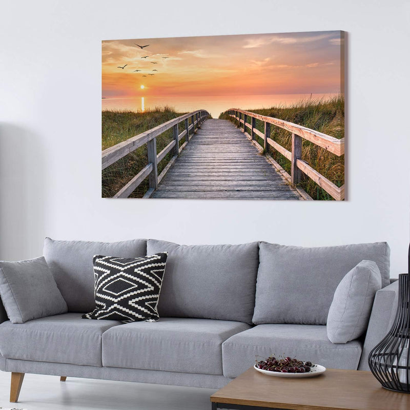 PICANOVA – Bild auf Leinwand Holzweg zum Meer 120x80cm – Leinwandbild – Premium Leinwanddruck – Wand