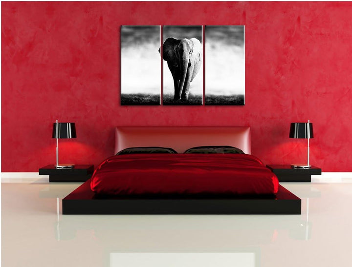 Elefant im Alleingang schwarz/weiss 3-Teiler Leinwandbild 120x80 Bild auf Leinwand, XXL riesige Bild
