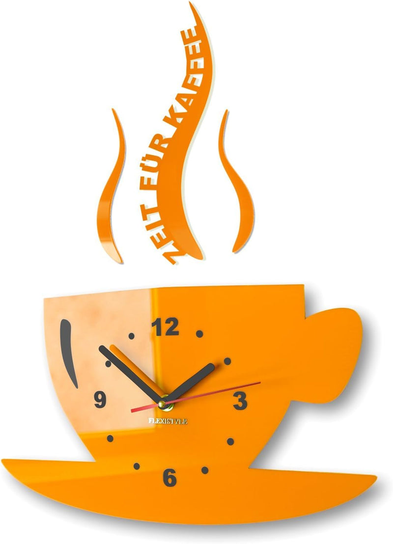 FLEXISTYLE Tasse Zeit für Kaffee Moderne Küche Wanduhr, 3D römisch, wanduhr deko (gelb), Gelb