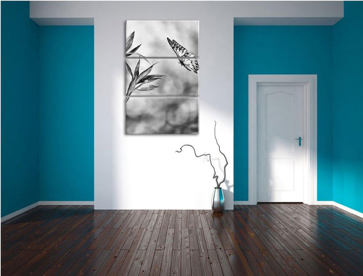 Pixxprint Bambus mit Schmetterling als Leinwandbild/Grösse: 3 Teilig (120x80) cm/Wandbild/Kunstdruck
