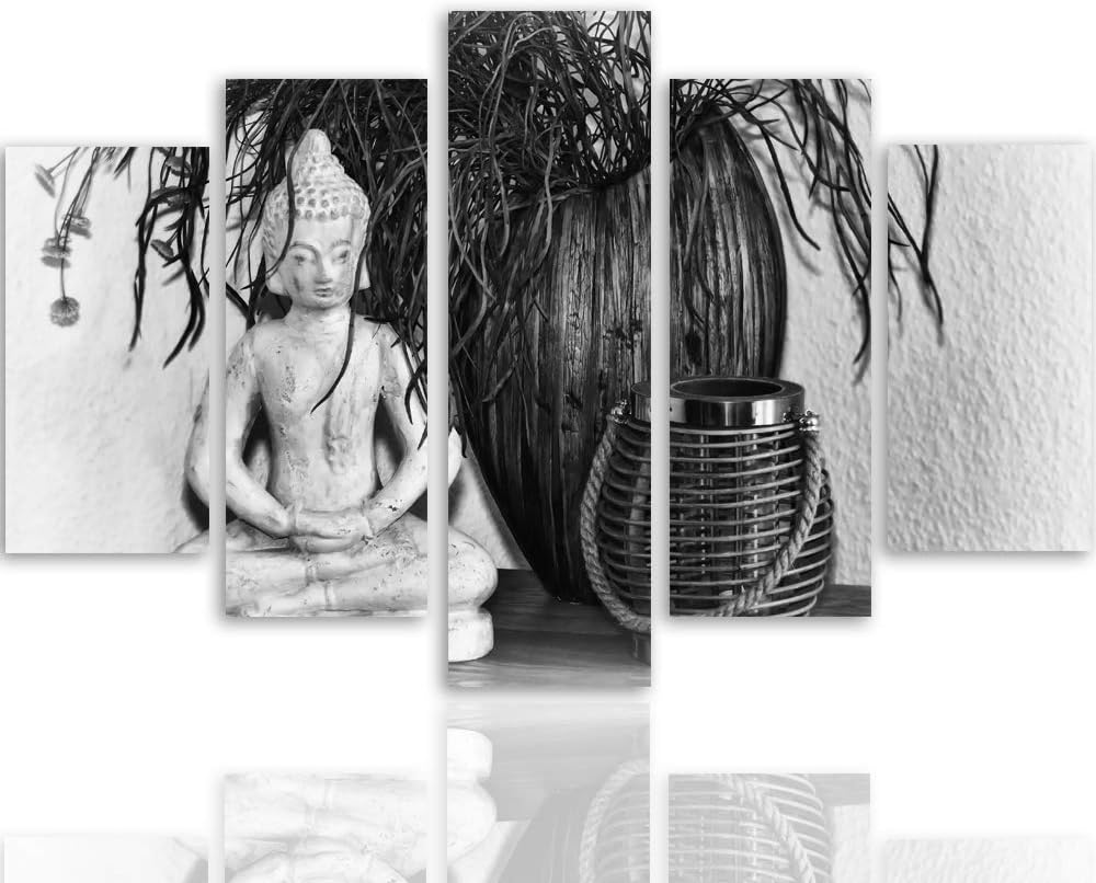 Bilder 5 Teilig Buddha Deco Panel Kunst Statue Pflanze Schwarzweiss 100x70 cm Deco panel 100x70 cm K