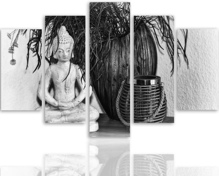 Bilder 5 Teilig Buddha Deco Panel Kunst Statue Pflanze Schwarzweiss 100x70 cm Deco panel 100x70 cm K