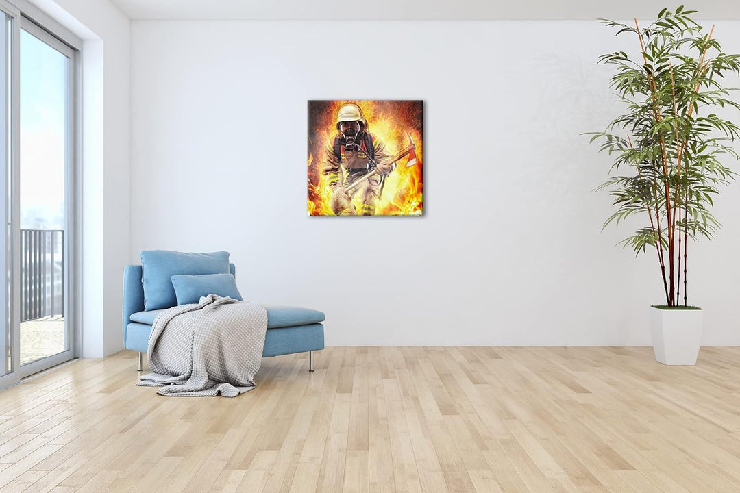 Feuerwehrmann im Einsatz Format: 60x60 als Leinwandbild, Motiv fertig gerahmt auf Echtholzrahmen, Ho