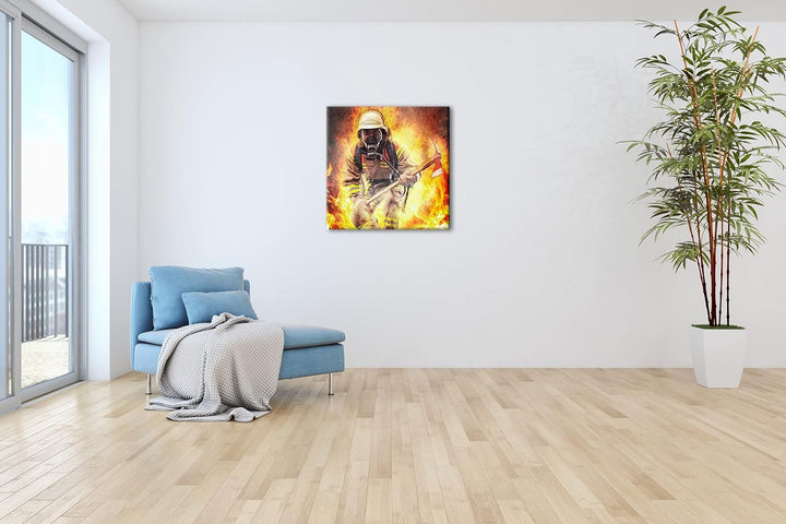 Feuerwehrmann im Einsatz Format: 60x60 als Leinwandbild, Motiv fertig gerahmt auf Echtholzrahmen, Ho