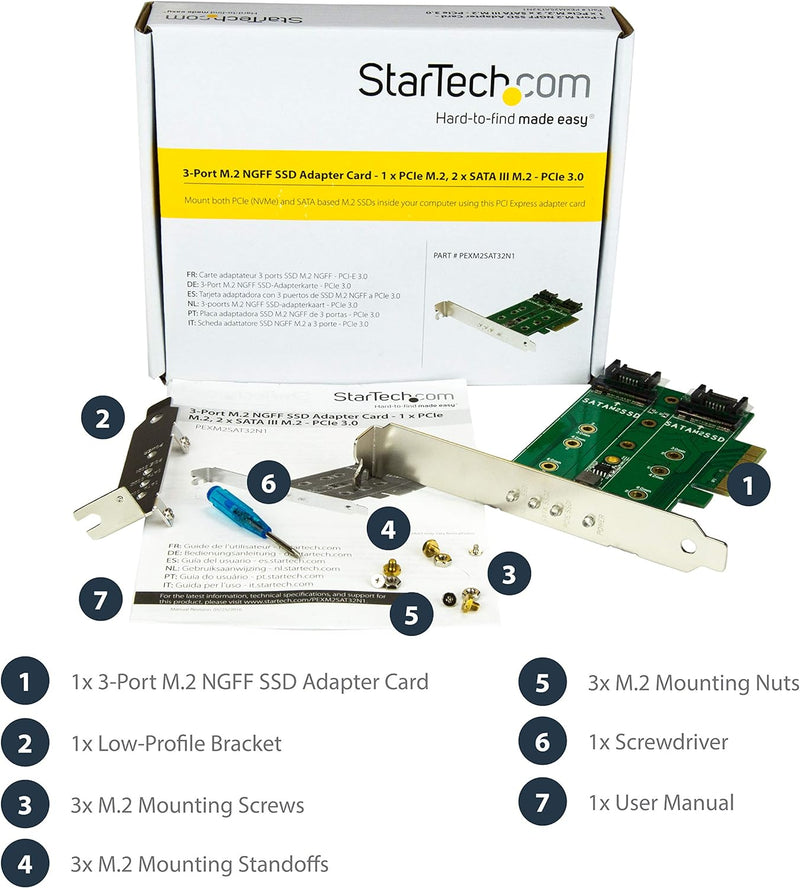 StarTech.com 3 Port M.2 SSD (NGFF) Adapterkarte - 1x PCIe (NVMe) M.2, 2x SATA III M.2 - PCIe 3.0 - P