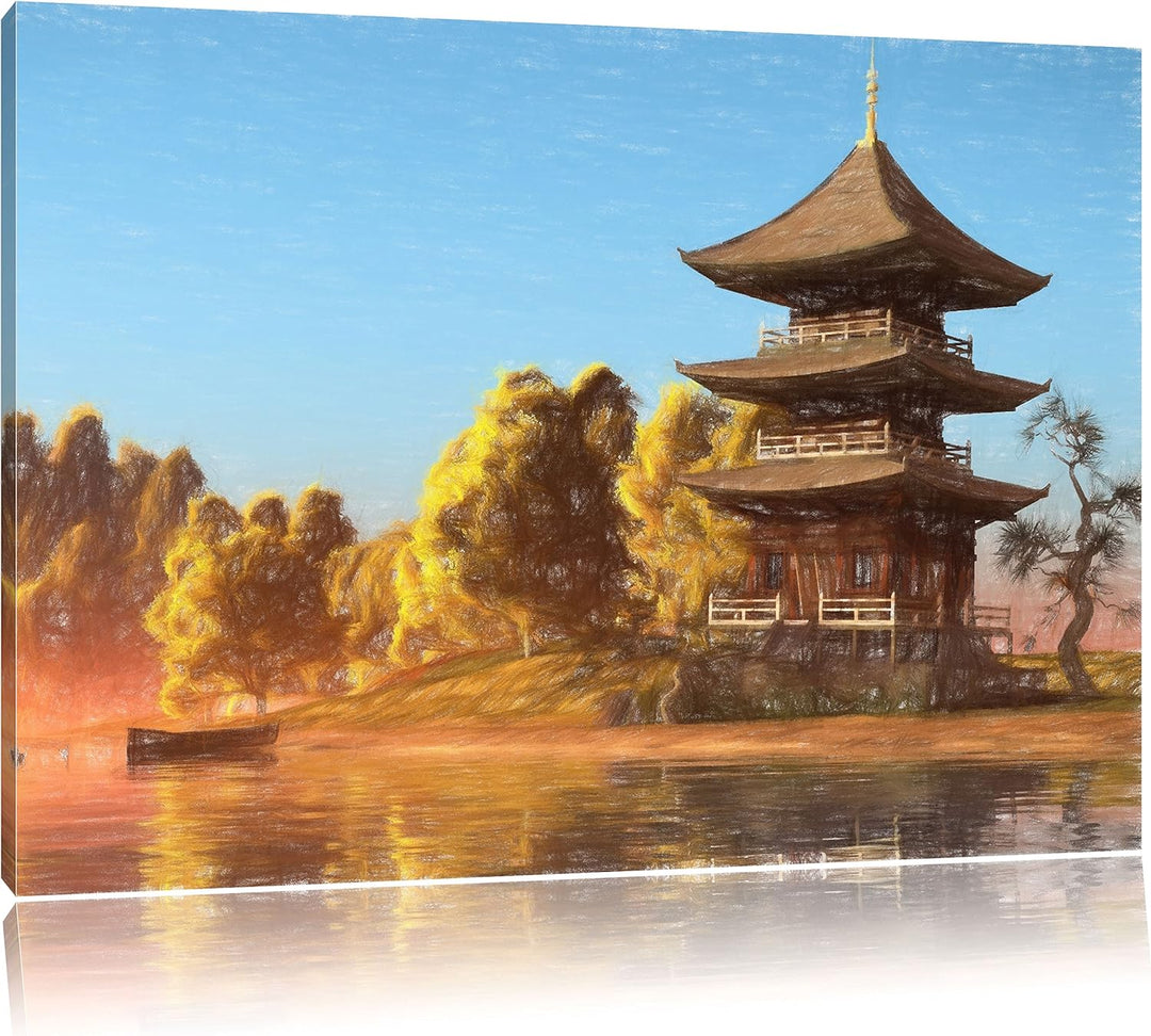 Pixxprint prachtvoller asiatischer Tempel an See Kunst Buntstift Effekt, Format: 100x70 auf Leinwand