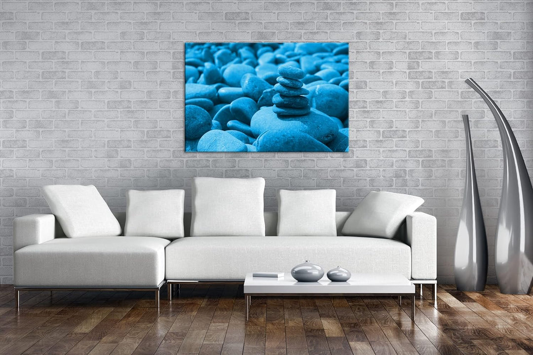 deyoli bunte Meditations Steine Format 80x60 Effekt: Monocrome Blau als Leinwandbild, Motiv fertig g