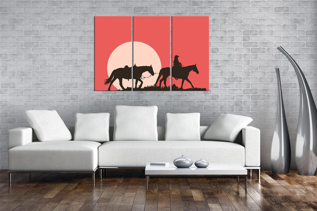 deyoli Cowboy im Sonnenuntergang Format: 3-teilig 120x80 als Leinwand, Motiv fertig gerahmt auf Echt