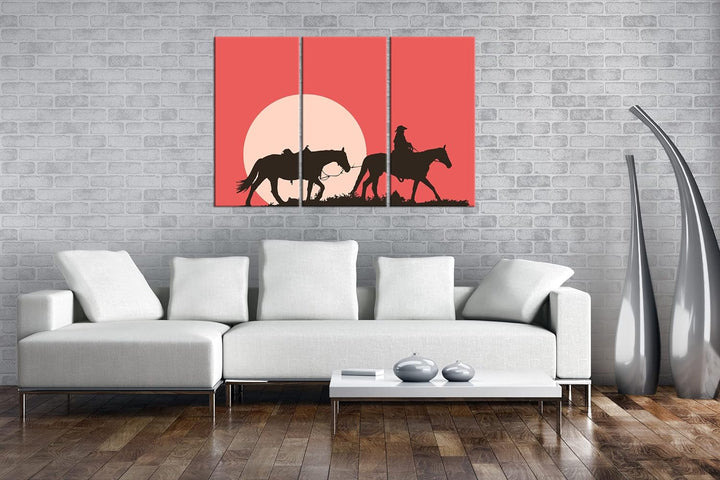 deyoli Cowboy im Sonnenuntergang Format: 3-teilig 120x80 als Leinwand, Motiv fertig gerahmt auf Echt