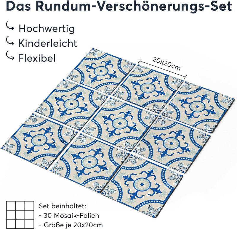 30 Stück Folie Klebefliesen 20x20 cm für Küche und Bad - Fliesenfolie, Fliesenfaufkleber - Stickerfl